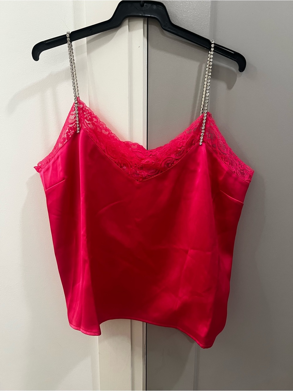 Women’s Pink Satin Lace Cami with Rhinestone Straps